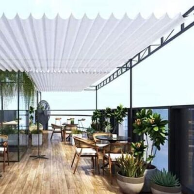 Bạt Xếp Lớp Màu Trắng Cho Biệt Thự [Mái Che Mưa Kéo Ngang]